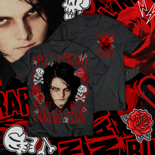 Gerard T Shirt in black: big back print framed in skulls and roses, Still Not Okay rose on the front