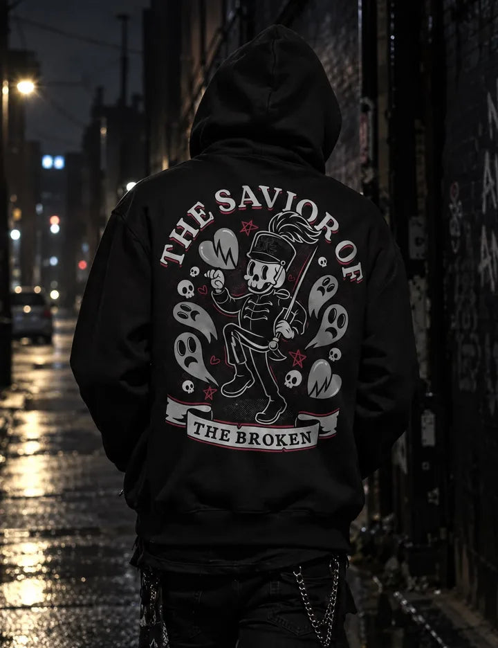 The Savior Of The Broken hoodie worn, the full back print